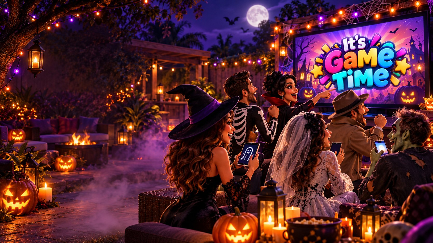 A lively Halloween game night with friends playing together